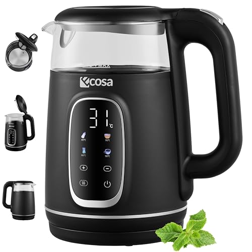 Ecosa® Wasserkocher mit Temperatureinstellung Glas Edelstahl - Teekocher - 1,7 Liter 2.200 Watt - BPA Frei mit Temperaturwahl 40°C-100°C - Warmhaltefunktion LED Beleuchtung (Black Pearl) von ecosa