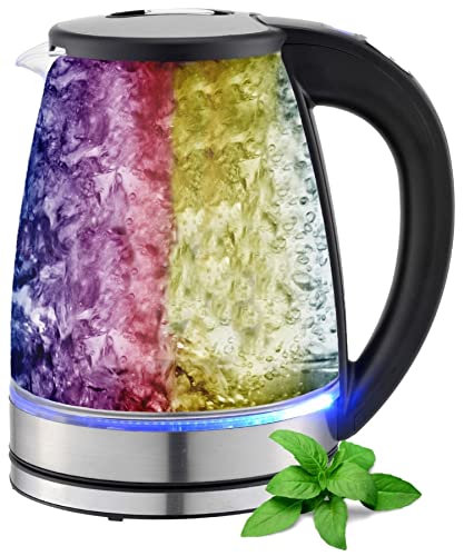 Glas Wasserkocher 1,8 Liter | 2200 Watt | Edelstahl mit Temperaturwahl | Teekocher | 100% BPA FREI | Warmhaltefunktion | LED Beleuchtung im Farbwechsel | Temperatureinstellung (40°C-100°C) von ecosa