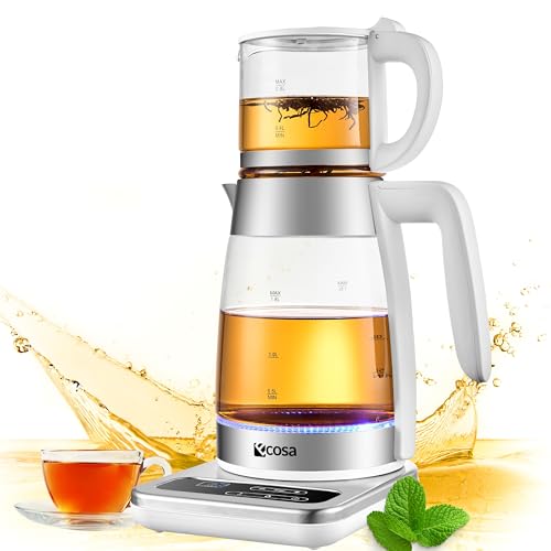 Teekocher elektrisch mit Temperatureinstellung Glas Wasserkocher Teemaschine Warmhaltefunktion mit Temperaturwahl BPA Frei LED Beleuchtung 360° Basis 1,8 Liter + 0,8l Fassungsvermögen von ecosa
