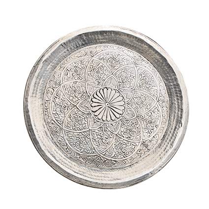 Fairtrade Aluminium-Tablett dekoratives, indisches Design 48cm Durchmesser Silber Platte silbern Indien indisch rund Teller Servierplatte Deko-Teller von ecosoul