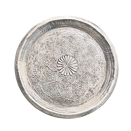 Fairtrade Aluminium-Tablett dekoratives, indisches Design 58cm Durchmesser Silber Platte silbern Indien indisch rund Teller Servierplatte Deko-Teller von ecosoul