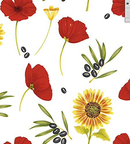 ecosoul Wachstuchtischdecke Gartentischdecke Wachstuch Basique White weiß mit rotem Mohn, Sonnenblumen und Oliven in 140cm Breite Meterware Länge wählbar (240cm x 140cm) von ecosoul