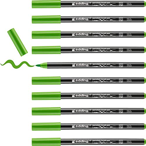 edding 4200 Porzellanpinselstift - hell-grün - 10 Stifte - Pinselspitze 1-4 mm - Filzstift zum Beschriften u. Dekorieren von Keramik, Porzellan - spülmaschinenfest, lichtecht, schnell trocknend von edding