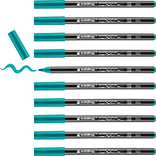 edding 4200 Porzellanpinselstift - türkis - 10 Stifte - Pinselspitze 1-4 mm - Filzstift zum Beschriften u. Dekorieren von Keramik, Porzellan - spülmaschinenfest, lichtechte Tinte, schnell trocknend von edding