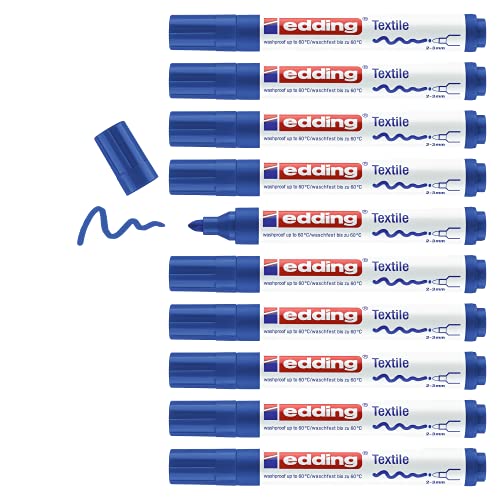 edding 4500 Textilmarker - blau - 10 Stück - Rundspitze 2-3 mm - Textilstifte waschmaschinenfest (60 °C) zum Stoff bemalen - Stoffmalstift von edding