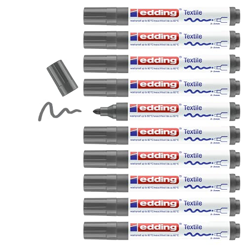 edding 4500 Textilmarker - grau - 10 Stück - Rundspitze 2-3 mm - Textilstifte waschmaschinenfest (60 °C) zum Stoff bemalen - Stoffmalstift von edding