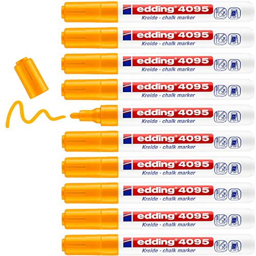 edding 4095 Kreidemarker - neon-orange - 10 Kreidestifte - Rundspitze 2-3 mm - Kreidestift für Tafel abwischbar - zum Beschriften von Fenster, Glas, Spiegel - Tafelstift mit deckenden Farben von edding