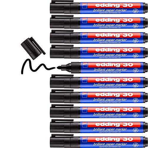 edding 30 Brillant-Papiermarker - schwarz - 10 Permanent Marker wasserfest - Rundspitze 1,5-3 mm - leuchtende Farben - lichtbeständige Markierung auf Papier, Karton, Kunststoff, Metall oder Glas von edding