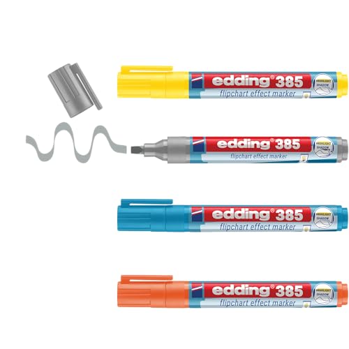 edding 385 Flipchart Effektmarker - 4er-Set - mehrfarbig - flexible Pinselspitze 1-5 mm - Marker zum Hervorheben, Schattieren und Markieren auf Flipchartpapier - blutet nicht aus - trocknet nicht aus von edding