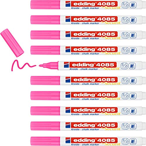 edding 4085 Kreidemarker - neon-pink - 10 Kreidestifte - Rundspitze 1-2 mm - dünner Kreidestift für Tafel abwischbar - zum Beschriften von Fenster, Glas, Spiegel - Tafelstift mit deckenden Farben von edding
