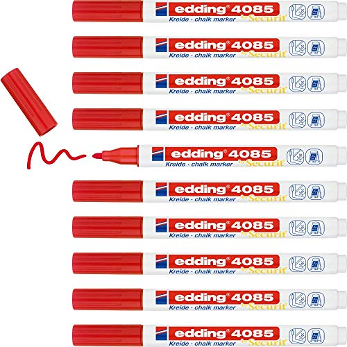 edding 4085 Kreidemarker - rot - 10 Kreidestifte - Rundspitze 1-2 mm - dünner Kreidestift für Tafel abwischbar - zum Beschriften von Fenster, Glas, Spiegel - Tafelstift mit deckenden Farben von edding