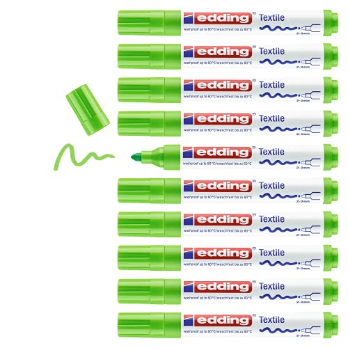 edding 4500 Textilmarker - hell-grün - 10 Stück - Rundspitze 2-3 mm - Textilstifte waschmaschinenfest (60 °C) zum Stoff bemalen - Stoffmalstift von edding