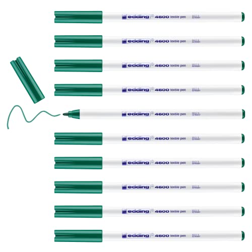 edding 4600 Textilstift - grün - 10 Stück - Rundspitze 1 mm - Textilstifte waschmaschinenfest (60 °C) zum Stoff bemalen - Stoffmalstift von edding