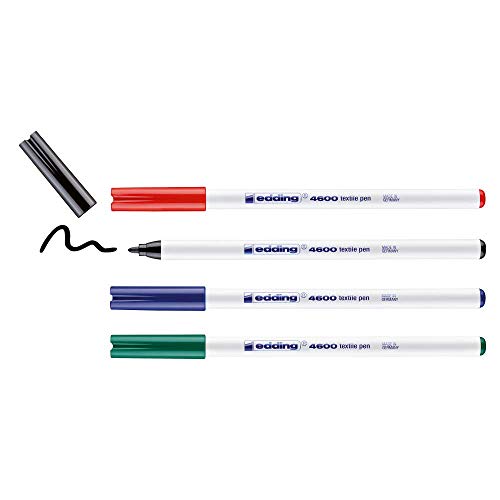 edding 4600 Textilstift - schwarz, rot, blau, grün - 4 Stück - Rundspitze 1 mm - Textilstifte waschmaschinenfest (60 °C) zum Stoff bemalen - Stoffmalstift von edding