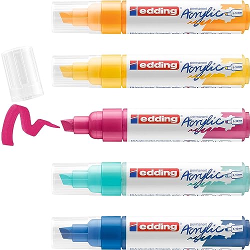 edding 5000 Acrylmarker - gelb, sonnengelb, blau, pink, türkis - 5 Acrylfarben Set (abstrakt) - Keilspitze 5-10 mm - Acryl Farben zum Malen auf Leinwand, Holz - Acrylstifte für Steine wasserfest von edding