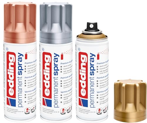 edding 5200 Permanent Spray - 200 ml - Acryllack zum Lackieren und Dekorieren von Glas, Metall, Holz, Keramik, Kunststoff, Leinwand - Lackspray, Acrylspray, Farbspray (3, Metallic Set) von edding