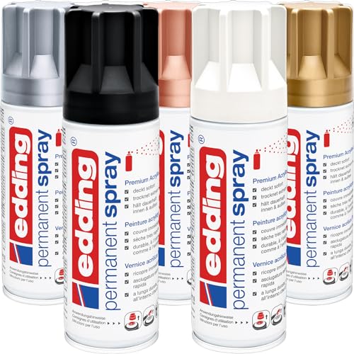 edding 5200 Permanent Spray - metallic Set - 5x 200 ml - Tiefschwarz matt, Verkehrsweiß matt, Reichgold matt, Silber matt, Edles Kupfer - Lackspray, Acrylspray, Farbspray edding 5200 Permanent Spray - metallic Set - 5x 200 ml - Tiefschwarz matt, Verkehrsweiß matt, Reichgold matt, Silber matt, Edles Kupfer - Lackspray, Acrylspray, Farbspray von edding