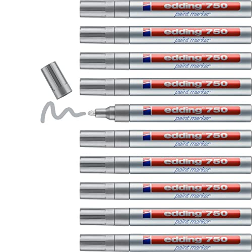 edding 750 Lackmarker - silber - 10 Stifte - Rundspitze 2-4 mm - Lackstift zur Markierung und Beschriftung von Metall, Glas, Stein oder Kunststoff - hitzebeständig, permanent, wisch- und wasserfest von edding