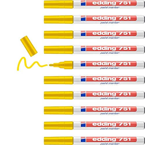 edding 751 Lackmarker - gelb - 10 Lackmarker - Rundspitze 1-2 mm - Lackstift für Glas, Stein, Holz, Kunststoff und Papier - wasserfest, stark deckend von edding