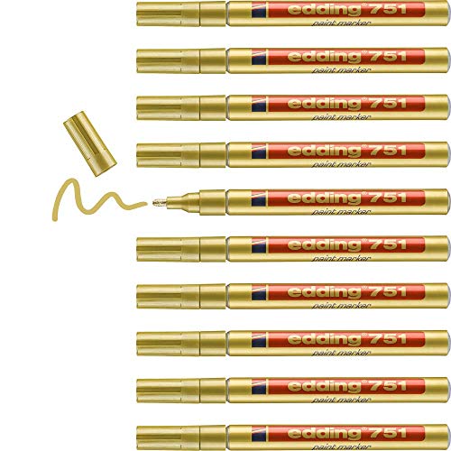 edding 751 Lackmarker - gold - 10 Lackmarker - Rundspitze 1-2 mm - Lackstift für Glas, Stein, Holz, Kunststoff und Papier - wasserfest, stark deckend von edding