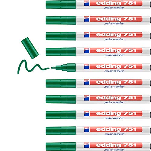 edding 751 Lackmarker - grün - 10 Stifte - Rundspitze 1-2 mm - Lackstift zur Markierung und Beschriftung von Metall, Glas, Stein oder Kunststoff - hitzebeständig, permanent, wischfest von edding