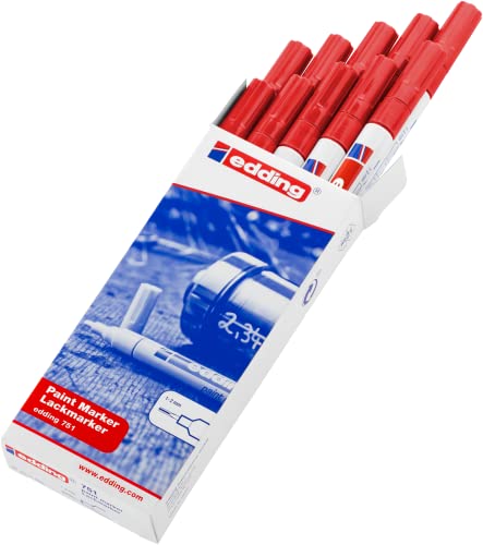 edding 751 Lackmarker - rot - 10 Stifte - Rundspitze 1-2 mm - Lackstift zur Markierung und Beschriftung von Metall, Glas, Stein oder Kunststoff - hitzebeständig, permanent, wisch- und wasserfest 4-751002 von edding