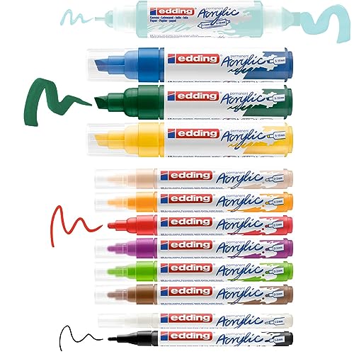 edding Creative Set - Acrylstifte wasserfest fein, medium, breit und 1x Acryltube, inkl. Malblock - 12 Acrylfarben Set (basic) - Acryl Farben zum Malen auf Leinwand oder Holz - Acrylstifte für Steine von edding