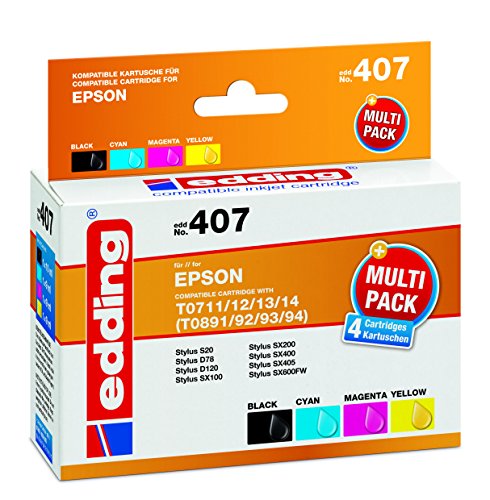 edding Druckerpatrone EDD-407 - Multipack 4 - Schwarz, Cyan, Magenta, Gelb - 4x 9ml - Reichweite 1x 270 3x 340 Seiten - Ersetzt Epson T0711/T0712/T0713/T0714 von edding