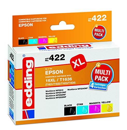 edding Druckerpatrone EDD-422 - Multipack 4 - Schwarz, Cyan, Magenta, Gelb - 1x 14,2 + 3x 10 ml - Reichweite 1x 645 3x 590 Seiten - Ersetzt Epson T16XL (T1631/32733/34) von edding