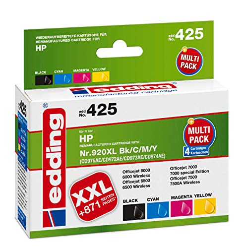 edding Druckerpatrone EDD-425 - Multipack 4 - Schwarz, Cyan, Magenta, Gelb - 1x 48 ml + 3x 12 ml - Reichweite 1x 1735 3x 960 Seiten - Ersetzt HP 920XL (CD975/CD972/CD973/CD974) von edding