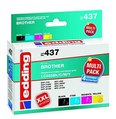 edding Druckerpatrone EDD-437 - Multipack 4 - Schwarz, Cyan, Magenta, Gelb - 1x 15 ml + 3x 9 ml - Reichweite 1x 620 3x 840 Seiten - Ersetzt Brother LC985BK/C/M/Y von edding