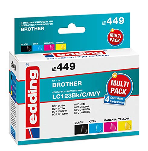 edding Druckerpatrone EDD-449 - Multipack 4 - Schwarz, Cyan, Magenta, Gelb - 1x 14 ml + 3x 11 ml - Reichweite 1x 650 3x 735 Seiten - Ersetzt Brother LC123BK/C/M/Y von edding