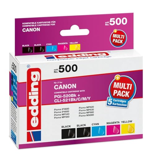 edding Druckerpatrone EDD-500 - Multipack 5 - 2x Schwarz, Cyan, Magenta, Gelb - 1x 20 ml + 4x 10,5 ml - Reichweite 1x 405 4x 960 Seiten - Ersetzt Canon PGI-520/CLI-521BK/C/M/Y von edding