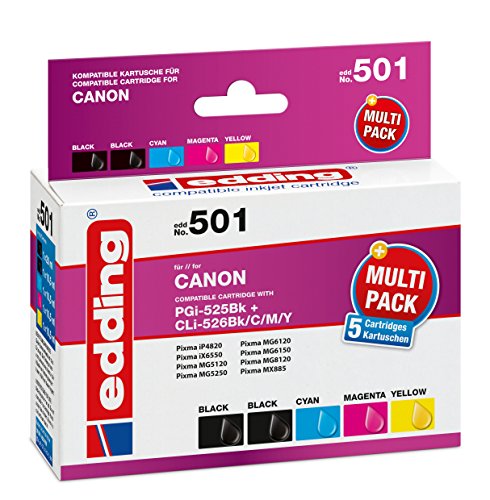 edding Druckerpatrone EDD-501 - Multipack 5 - 2x Schwarz, Cyan, Magenta, Gelb - 1x 20 ml + 4x 10,5 ml - Reichweite 1x 440 4x 660 Seiten - Ersetzt Canon PGI-525/CLI-526BK/C/M/Y von edding