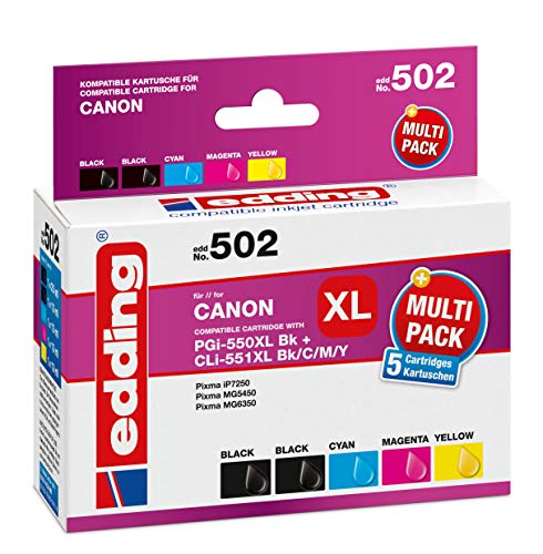 edding Druckerpatrone EDD-502 - Multipack 5 - Schwarz, Foto-Schwarz, Cyan, Magenta, Gelb - 1x 25 ml + 4x 13 ml - Reichweite 1x 500 4x 845 Seiten - Ersetzt Canon PGI-550XL/CLI-551XLBK/C/M/Y von edding