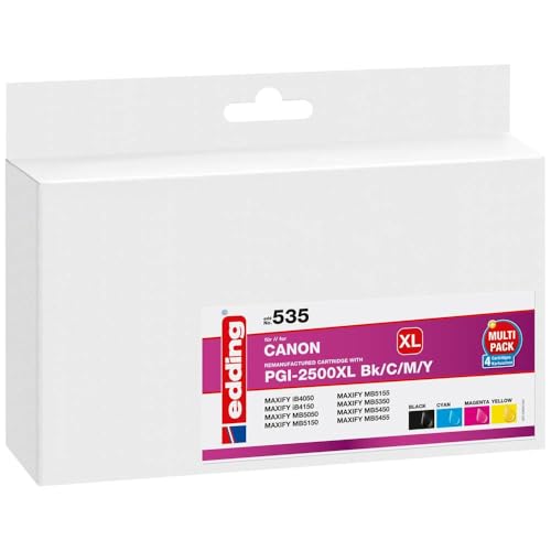 edding Druckerpatrone EDD-535 - Multipack 4 - Schwarz, Cyan, Magenta, Gelb - 1x 72 ml + 3x 20 ml - Reichweite 1x 2500 3x 1785 Seiten - Ersetzt Canon PGI-2500XLBk/C/M/Y von edding