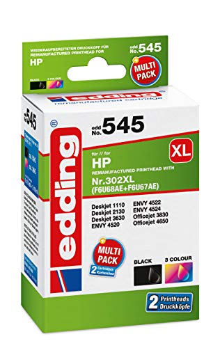 edding Druckerpatrone EDD-545 - Multipack 2 - Schwarz, 3-Farbig - 1x 21 ml + 1x 16 ml - Reichweite 1x 590 1x 360 Seiten - Ersetzt HP 302XL/302XL (F6U68AE/F6U67AE) von edding