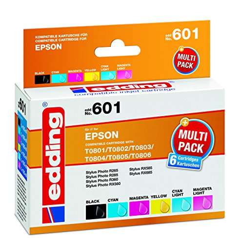 edding Druckerpatrone EDD-601 - Multipack 6 - Schwarz, Cyan, Magenta, Gelb, Foto-Cyan, Foto-Magenta - 6x 10,5 ml - Reichweite 1x 330 5x 585 Seiten - Ersetzt Epson T0801/T0802/T0803/T0804/T0805/T0806 von edding