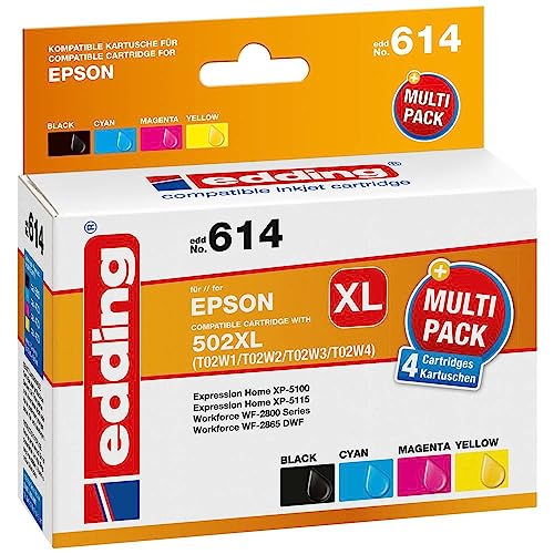 edding Druckerpatrone EDD-614 - Multipack 4 - Schwarz, Cyan, Magenta, Gelb - 1x 13,2 ml + 3x 10,2 ml - Reichweite 1x 550 3x 470 Seiten - Ersetzt Epson 502XL (T02W1/W2/W3/W4) von edding