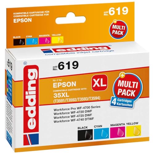 edding Druckerpatrone EDD-619 - Multipack 4 - Schwarz, Cyan, Magenta, Gelb - 1x 50 ml + 3x 25,4 ml - Reichweite 1x 2600 3x 1900 Seiten - Ersetzt Epson T35XL (T3591/92/93/94) von edding