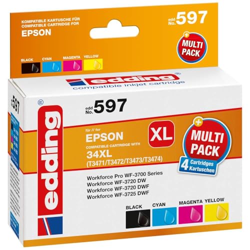 edding Druckerpatrone edd-597 ersetzt Epson T34XL (T3471/72/73/74) Multipack 4 - Schwarz, Cyan, Magenta, Gelb - Inhalt: 1x 22,4 ml + 3x14 ml von edding