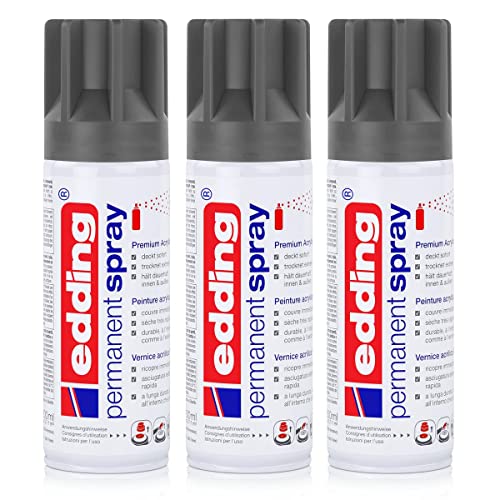 edding Permanent Spray Premium-Acryllack anthrazit 200ml seidenmatt Sprühlack deckt sofort, trocknet extrem schnell und hält dauerhaft innen & außen, für Glas, Metall, Holz uvm. (3er Pack) von edding