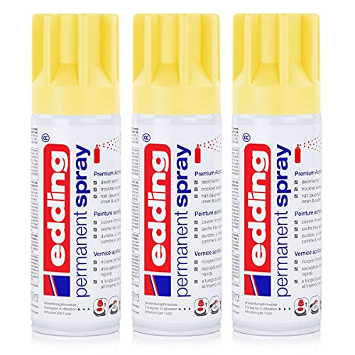 edding Permanent Spray Premium-Acryllack pastellgelb 200ml – seidenmatt – Sprühlack deckt sofort, trocknet extrem schnell und hält dauerhaft innen & außen, für Glas, Metall, Holz uvm. (3er Pack) von edding