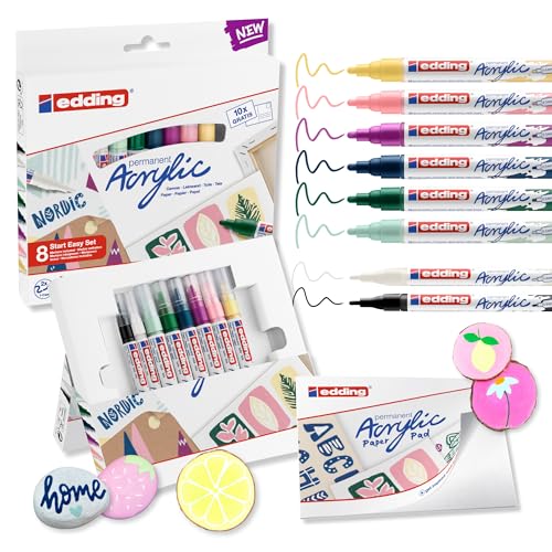 edding Start Easy Set - Acrylstifte wasserfest fein und medium, inkl. Postkartenblock - 8 Acrylfarben Set (nordic) - Acryl Farben zum Malen auf Leinwand oder Holz - Acrylstifte für Steine von edding