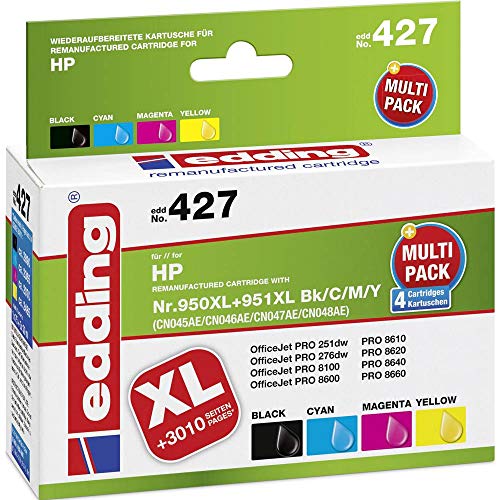 edding Tintenpatrone EDD-427 ersetzt HP 950XL/951XL (CN045/CN046/CN047/CN048) Multipack 4 - Schwarz, Cyan, Magenta, Gelb - 1x 75ml + 3x 30ml von edding