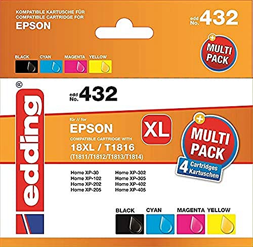 edding Tintenpatrone EDD-432, ersetzt Canon T1816 (18XL), Multipack schwarz, Cyan, Magenta, gelb - 1 x 15 ml + 3 x 8,5 ml von edding