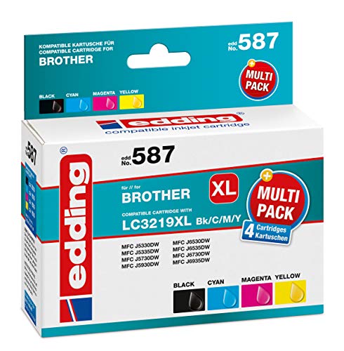 edding Druckerpatrone EDD-587 - Multipack 4 - Schwarz, Cyan, Magenta, Gelb - 1x 68 ml + 3x 17 ml - Reichweite 1x 3000 3x 1500 Seiten - Ersetzt Brother LC3219XLBK/C/M/Y von edding