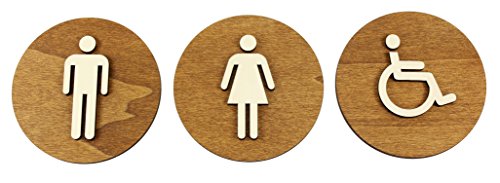 WC Schild Braun Farbe Nussbaum Holz Toilettenschild Toilette Türschild Damen Herren (Ø 12cm, Damen+Herren+Behinderten) von edelstahlheini.de