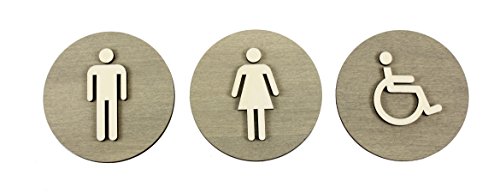 WC Schild Grau Holz Toilettenschild Toilette Türschild Damen Herren Behinderten Piktogramm (Ø 12cm, Damen+Herren+Behinderten) von edelstahlheini.de