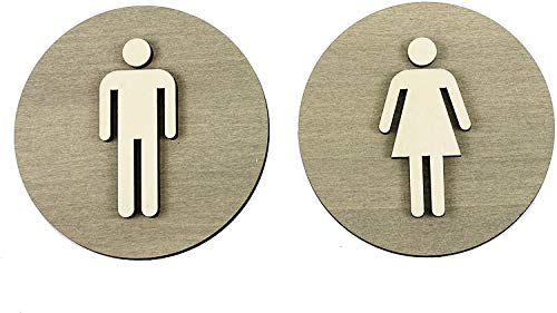 WC Schild Grau Holz Toilettenschild Toilette Türschild Damen Herren Behinderten Piktogramm (Ø 18cm, Damen+Herren) von edelstahlheini.de